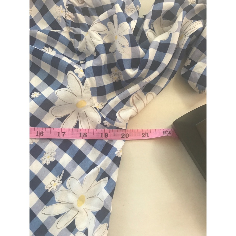 RIXO London Blue Gingham Daisy Floral V-Neck Mini Dress Smocked Back Size 10 - Picture 5 of 6